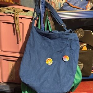 BAGGU Blue Canvas Tote Bag with Pins